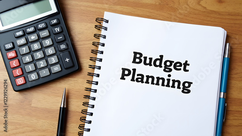 A notebook with the words budget planning is open on a wooden table beside a calculator and a pen, emphasizing financial organization and management