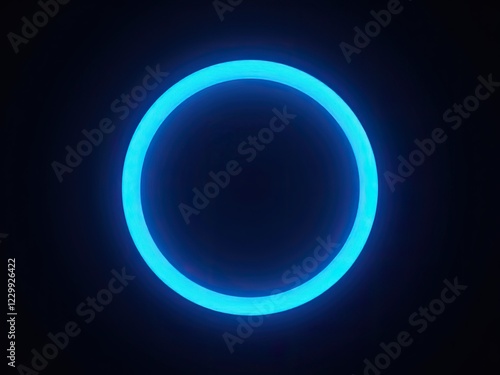 A glowing blue neon ring illuminated against a solid black background generative ai