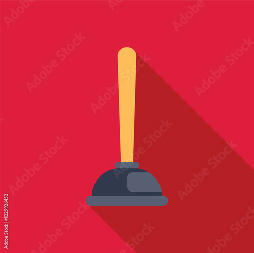 Force cup with long wooden handle casting a long shadow on a red background