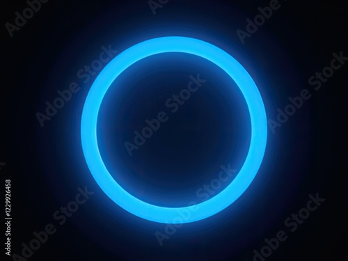 A glowing blue neon ring illuminated against a solid black background generative ai