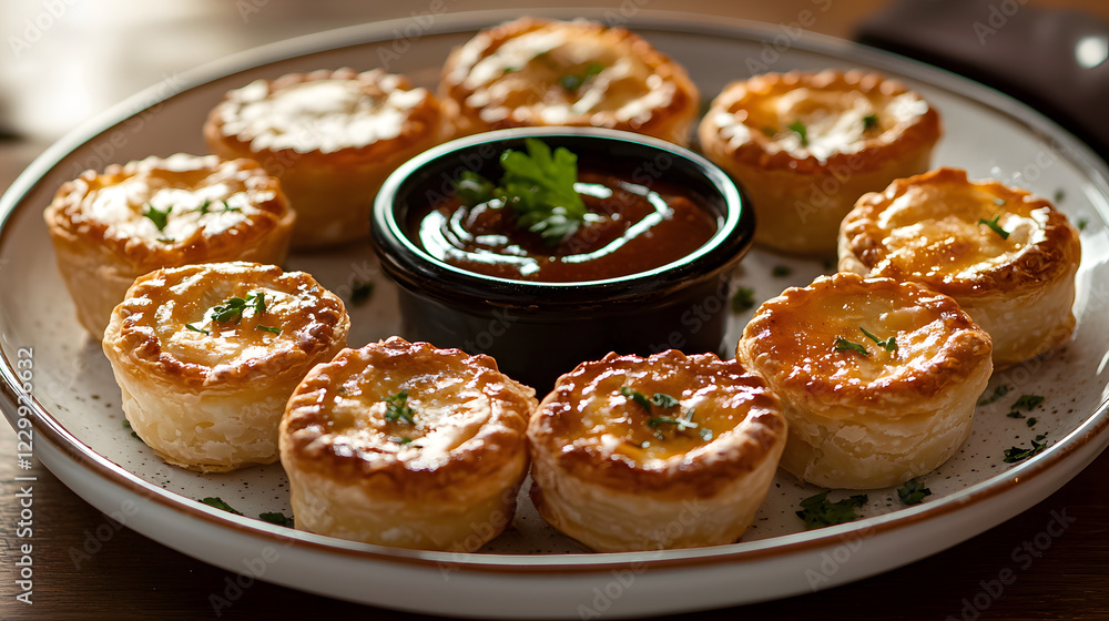 Delicious mini savory pies with dipping sauce. Delicious mini savory pies with dipping sauce.