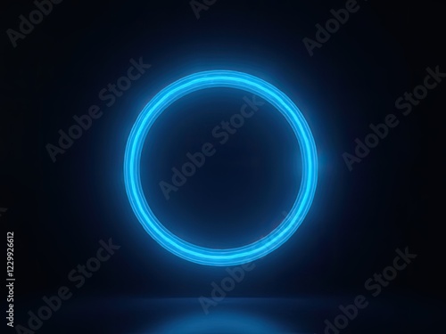 A glowing blue neon ring illuminated against a solid black background generative ai