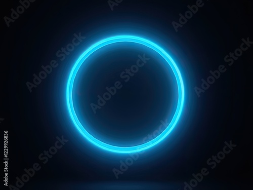 A glowing blue neon ring illuminated against a solid black background generative ai