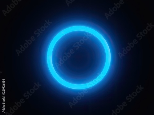 A glowing blue neon ring illuminated against a solid black background generative ai