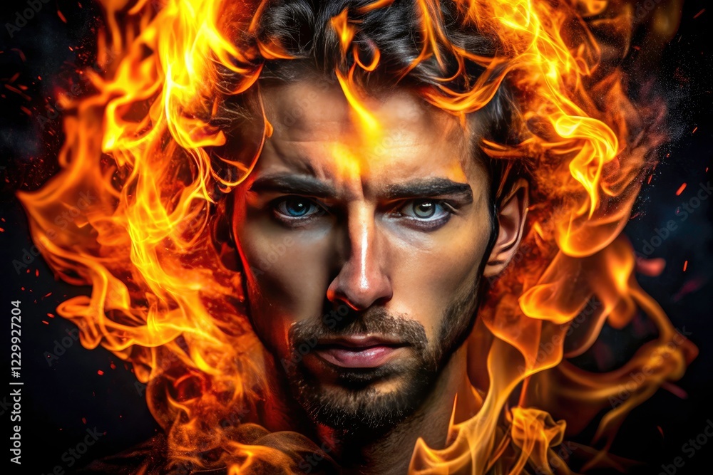 Black backdrop ignites with fiery portrait; burning flames crown a dramatic, intense headshot. Black backdrop ignites with fiery portrait; burning flames crown a dramatic, intense headshot.