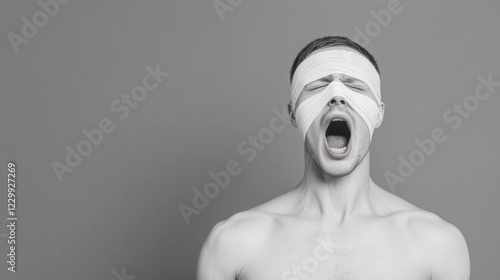 Man with bandaged face expressing emotion, emphasizing vulnerability and intensity, captured in a dramatic black and white style photo