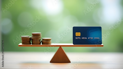A credit card balances on a wooden scale beside stacks of coins, symbolizing finance and wealth management in a serene, blurred background