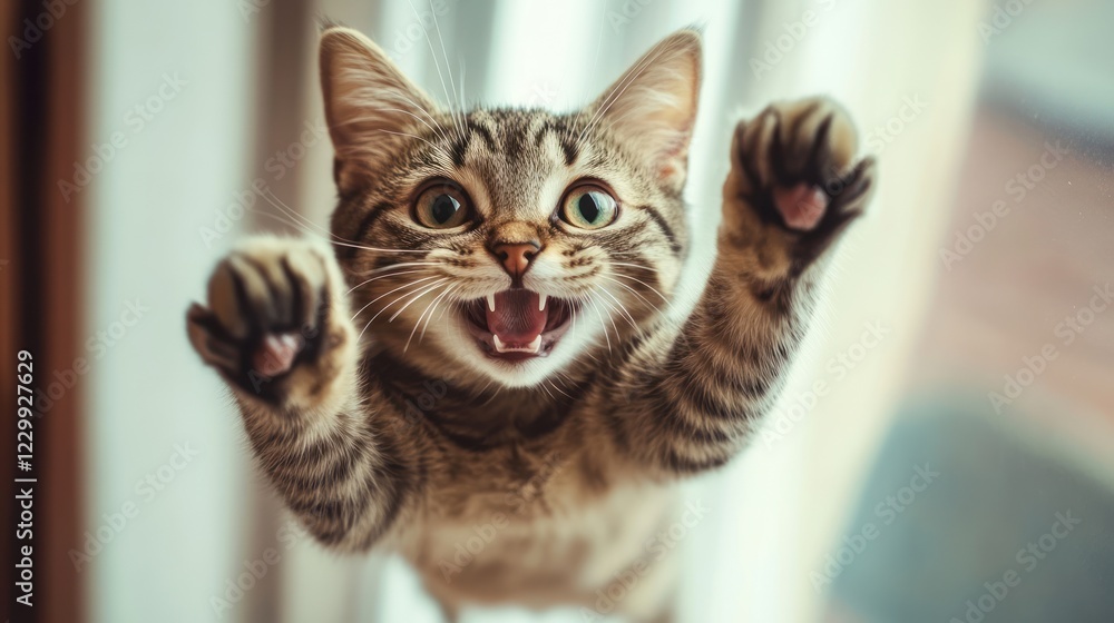 Obraz premium Playful kitten paws reaching through glass.