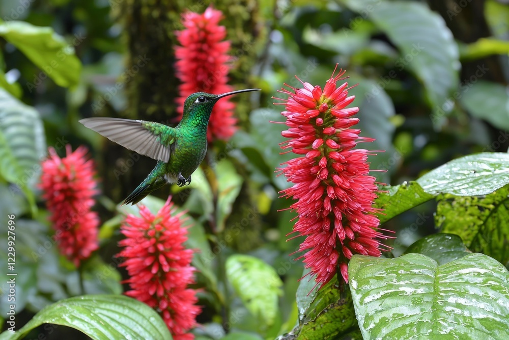 Green hummingbird hovering near red flowers in lush foliage Green hummingbird hovering near red flowers in lush foliage