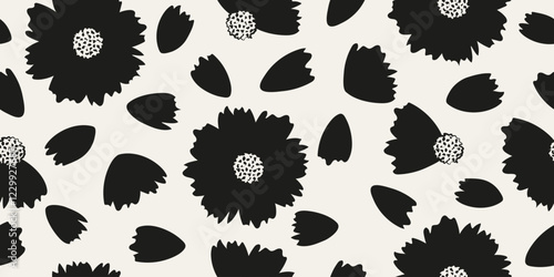 Black and white florals pattern with petals. Monochrome abstract flowers pattern. Design for textile design, fabric, packaging, wallpaper, covers and wall art.