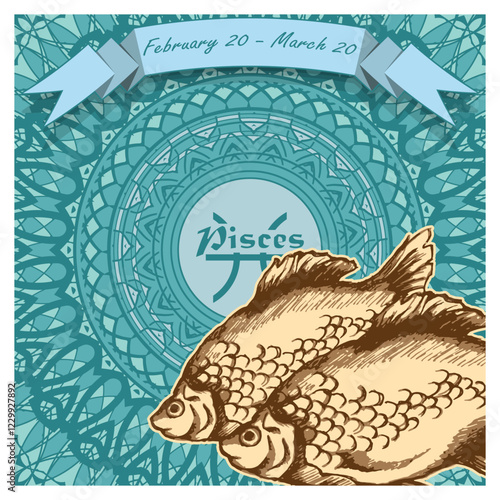 Pisces horoscope sign on an openwork background with a ribbon on top and dates. Mix of styles. Poster, decorative panel or other. Vector illustration