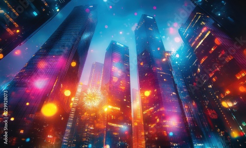 Wallpaper Mural Vibrant Night Cityscape with Colorful Lights and Tall Buildings Against a Stunning Sky Background Torontodigital.ca