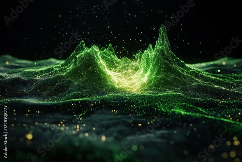 This image presents luminous green peaks in an abstract setting, showcasing undulating shapes and a captivating glow that represents the awe of natural landscapes in digital art.