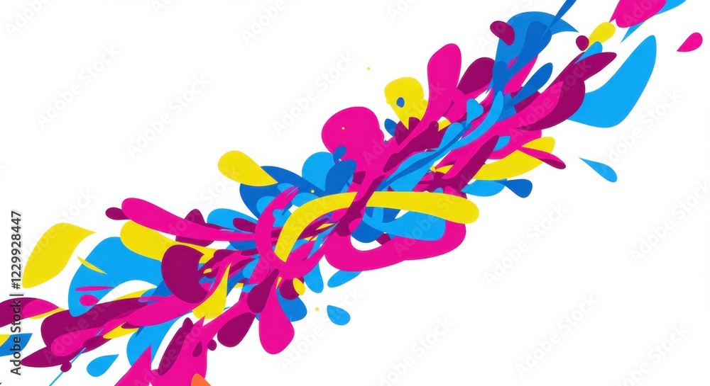 Fototapeta premium Abstract Color Explosion: A vibrant, dynamic abstract art design featuring an explosion of colorful splashes and streaks of magenta, yellow, blue and cyan against a clean, minimalist background.