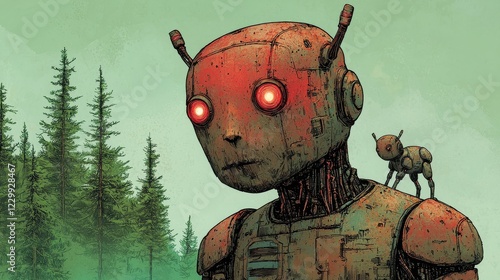 Rusty Robot in a Misty Forest A Digital Painting