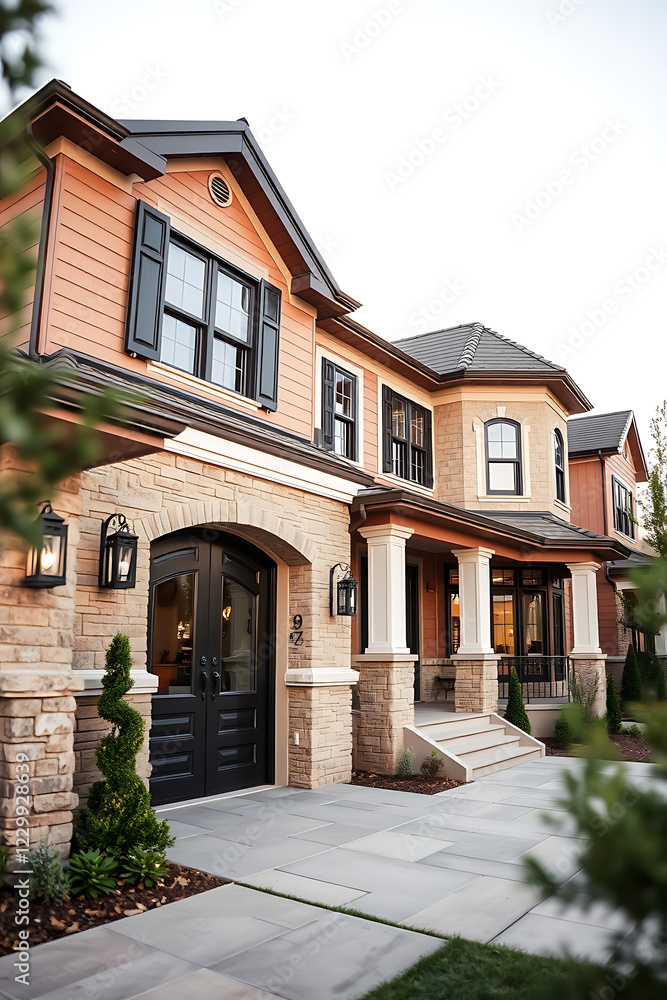 Luxury Home Exterior: Modern Architectural Design, Elegant Stone Facade, Landscaping, and Pathway Luxury Home Exterior: Modern Architectural Design, Elegant Stone Facade, Landscaping, and Pathway