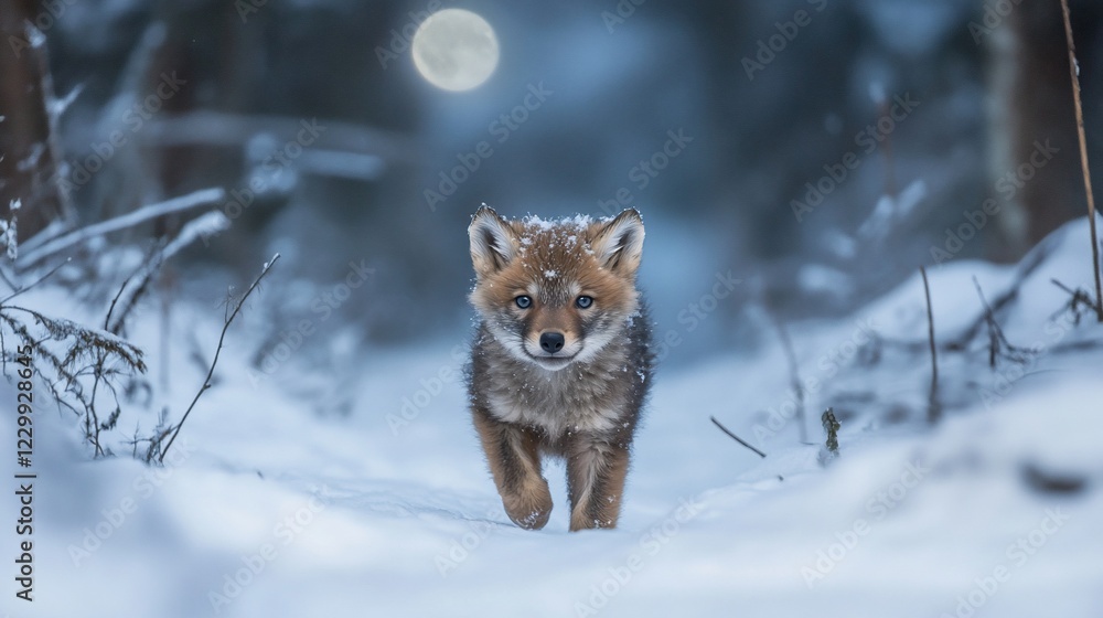 Adorable fox kit walking in snowy forest under moonlight. Adorable fox kit walking in snowy forest under moonlight.