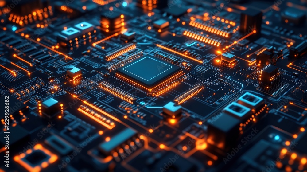 Close up view of a circuit board featuring orange lights and intricate electronic components