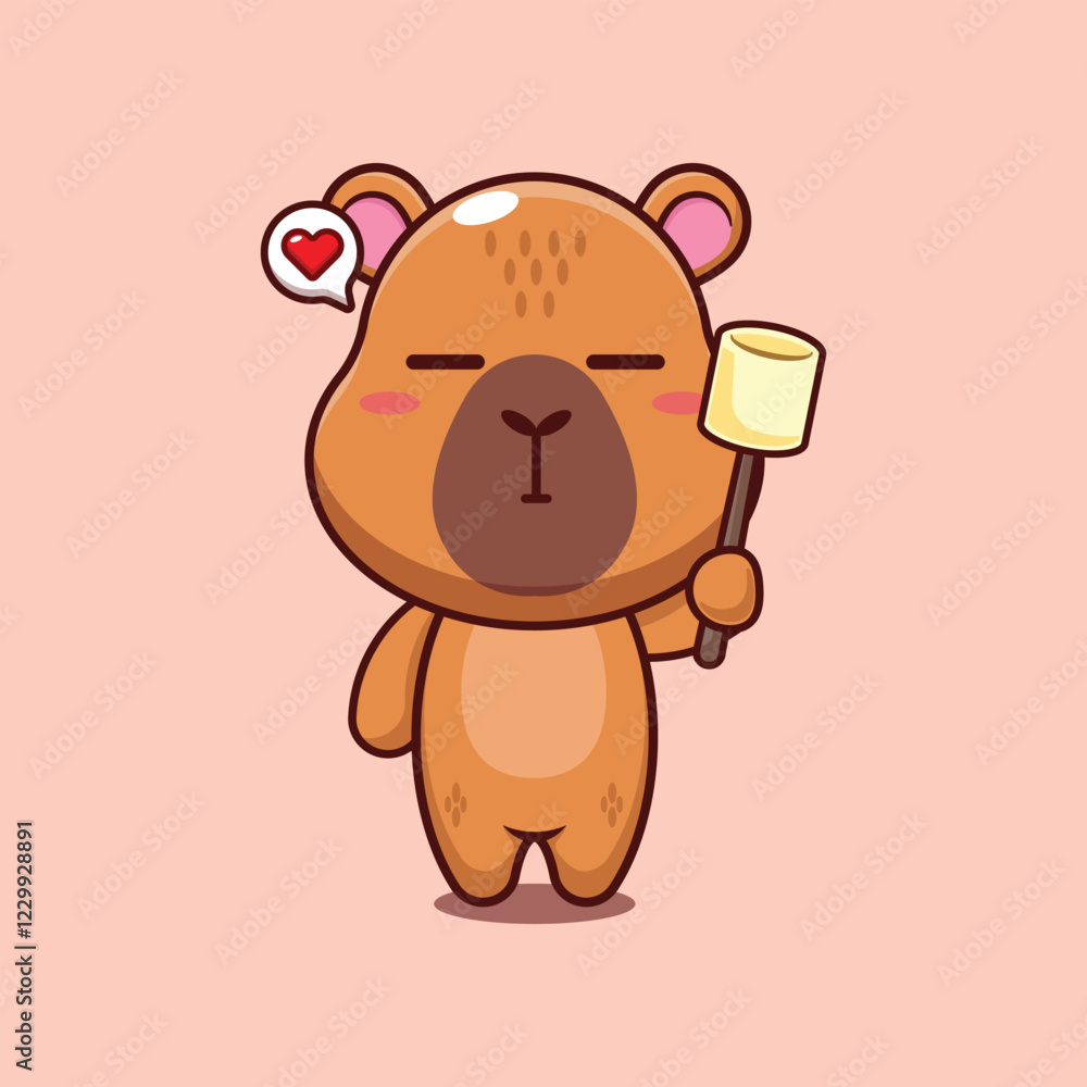 Obraz premium capybara mascot cartoon character vector illustration eating marshmallow