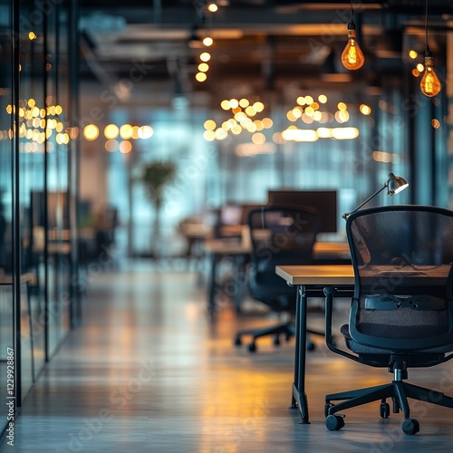 Blurred empty open space office.
Abstract light bokeh at office interior background for design. photo