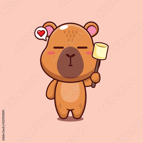 capybara mascot cartoon character vector illustration eating marshmallow