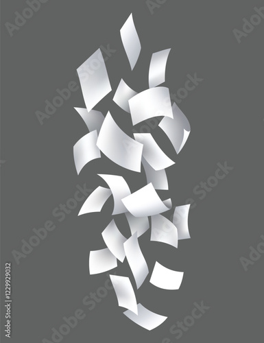 Falling paper sheets. Set of flying curved leaves of paper. Vector loose soar of notes with curled edges. Fly scattered notes, empty chaotic paperwork