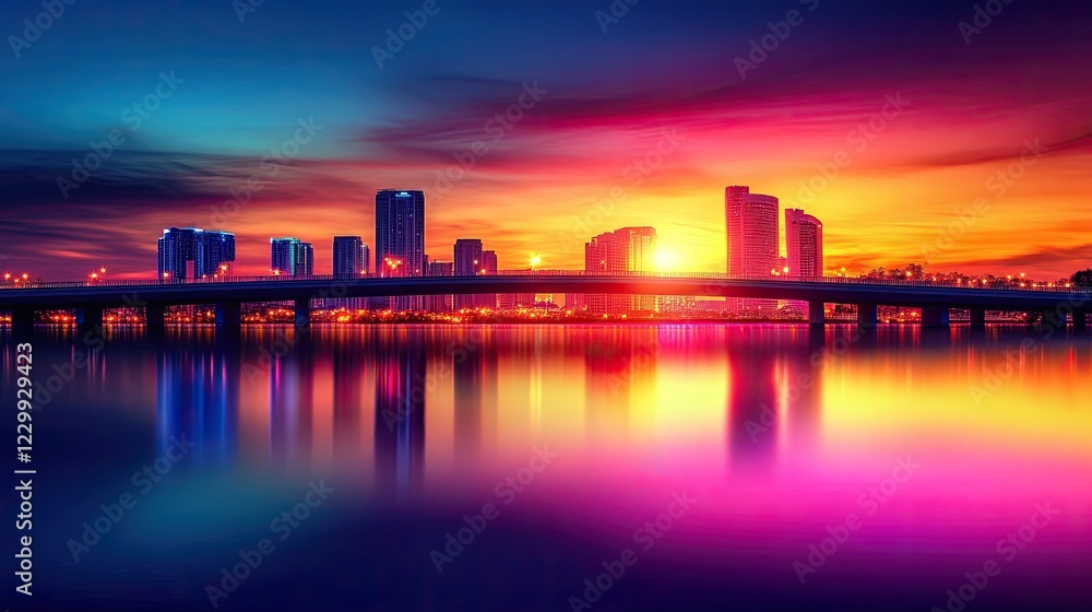 Fototapeta premium Vibrant City Skyline Sunset Over Water Bridge
