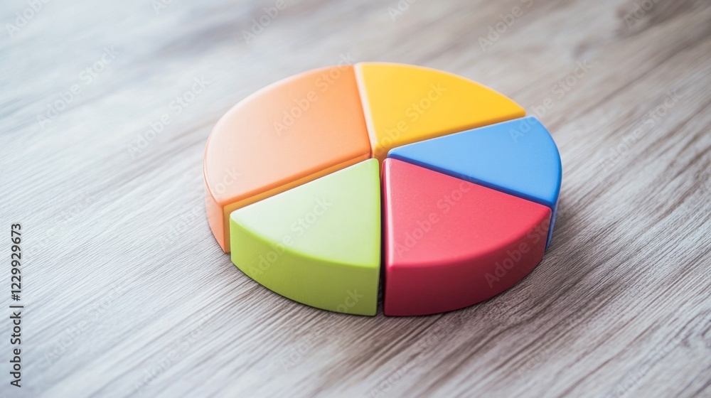 Obraz premium A close-up of a financial pie chart displaying customer demographics, with distinct colors for age groups and gender, arranged on a light wooden background for contrast.