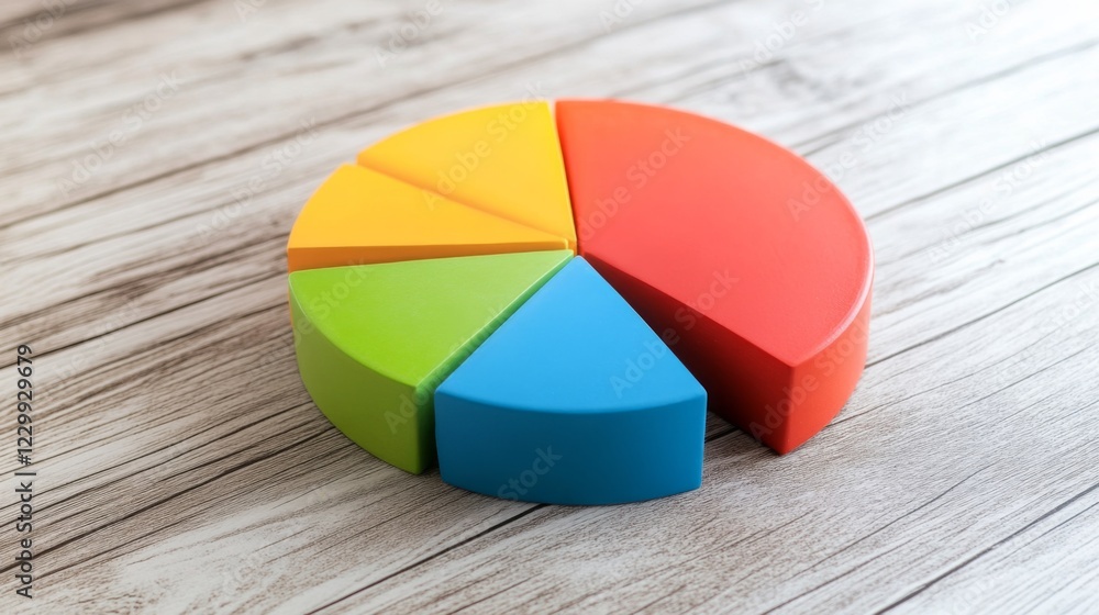 Fototapeta premium A close-up of a financial pie chart displaying customer demographics, with distinct colors for age groups and gender, arranged on a light wooden background for contrast.