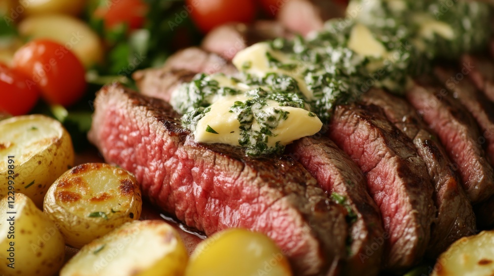 A close-up of a juicy steak topped with herb butter, melting over the edges, accompanied by a side of roasted potatoes and seasonal vegetables A close-up of a juicy steak topped with herb butter, melting over the edges, accompanied by a side of roasted potatoes and seasonal vegetables