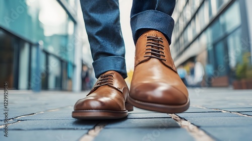 Man steps forward in polished brown leather shoes on city sidewalk. First-Foot Day tradition. Stylish and confident stride into new year representing good luck and prosperity photo