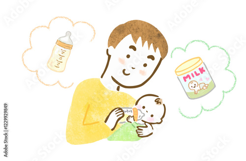 赤ちゃんにミルクをあげている父親の手描きイラスト