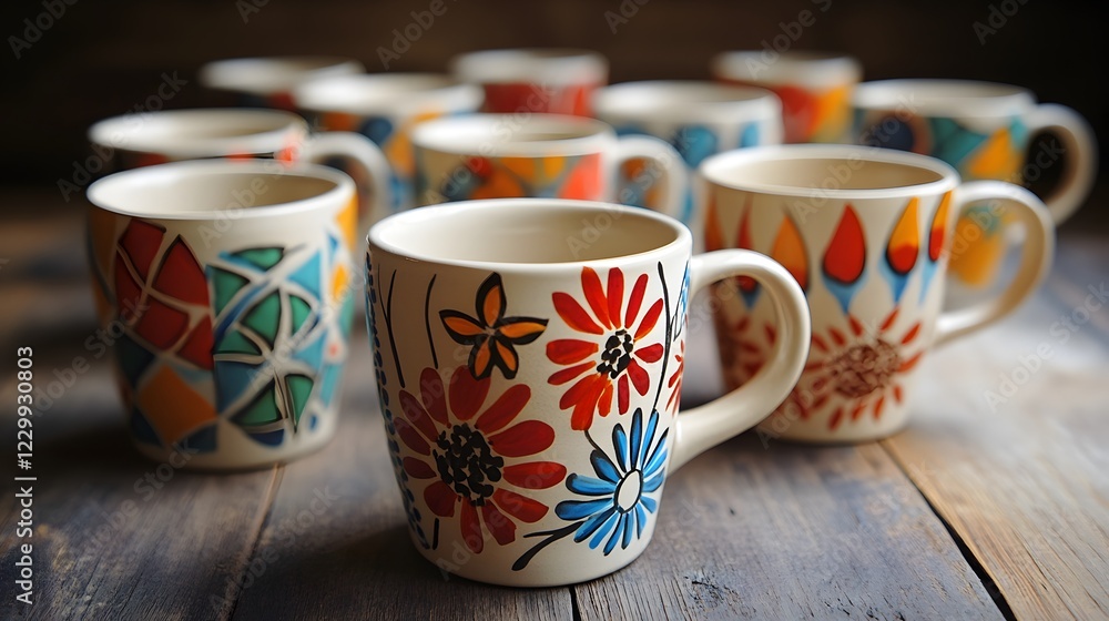 A set of hand-painted ceramic mugs with colorful patterns A set of hand-painted ceramic mugs with colorful patterns