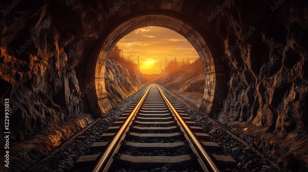 Railroad tracks emerging from a dark tunnel at sunset Railroad tracks emerging from a dark tunnel at sunset