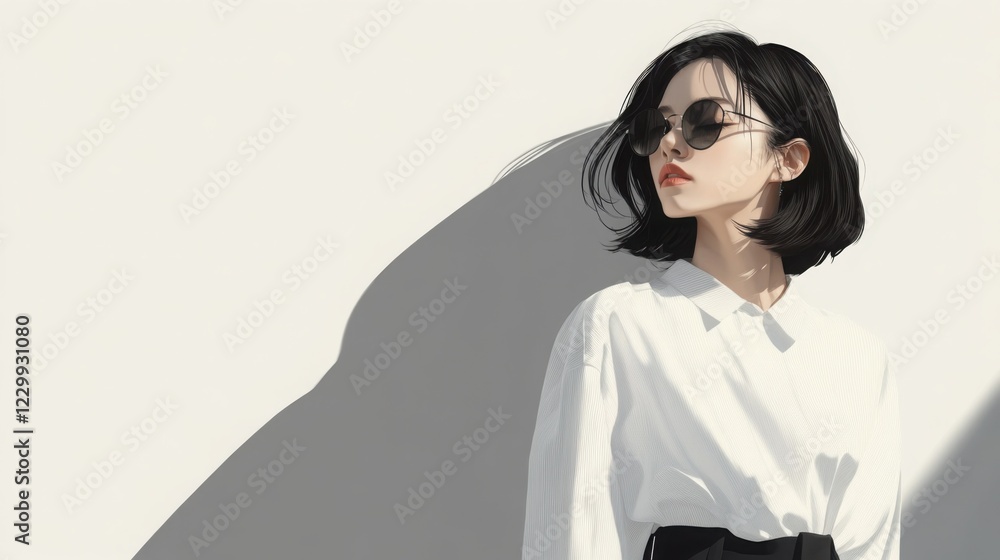 Obraz premium Stylish asian woman with bob haircut wearing white shirt and black skirt standing confidently