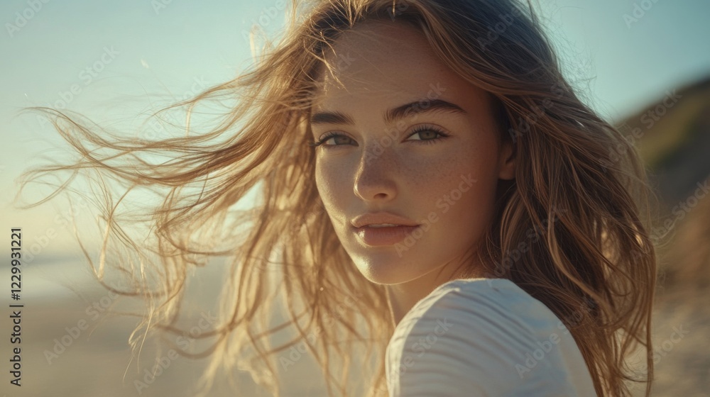 A close-up of a womans hair styled in loose beach waves, with natural highlights catching the light, complemented by a casual summer outfit in a coastal setting. A close-up of a womans hair styled in loose beach waves, with natural highlights catching the light, complemented by a casual summer outfit in a coastal setting.