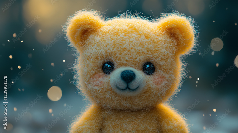A charming yellow teddy bear with a sweet smile, surrounded by a dreamy background with soft bokeh effects, evoking a sense of warmth and nostalgia. felting from wool. wool toys. A charming yellow teddy bear with a sweet smile, surrounded by a dreamy background with soft bokeh effects, evoking a sense of warmth and nostalgia. felting from wool. wool toys.