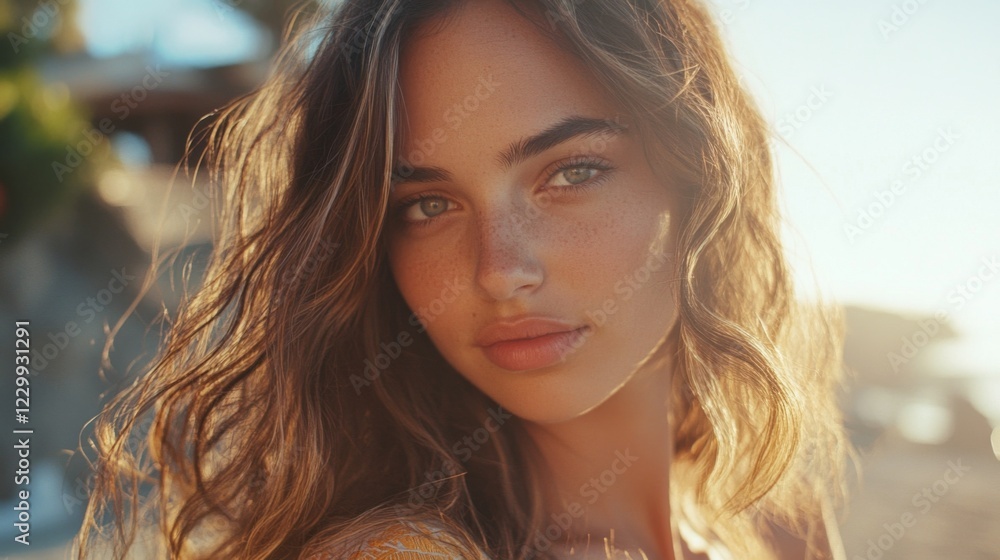 A close-up of a womans hair styled in loose beach waves, with natural highlights catching the light, complemented by a casual summer outfit in a coastal setting. A close-up of a womans hair styled in loose beach waves, with natural highlights catching the light, complemented by a casual summer outfit in a coastal setting.