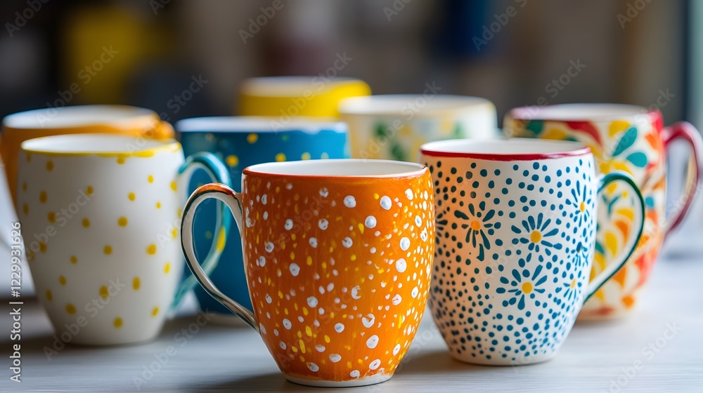 A set of hand-painted ceramic mugs with colorful patterns A set of hand-painted ceramic mugs with colorful patterns
