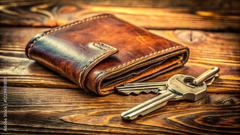 Close-up macro photography showcases the intricate details of aged wood, leather, and keys. Close-up macro photography showcases the intricate details of aged wood, leather, and keys.