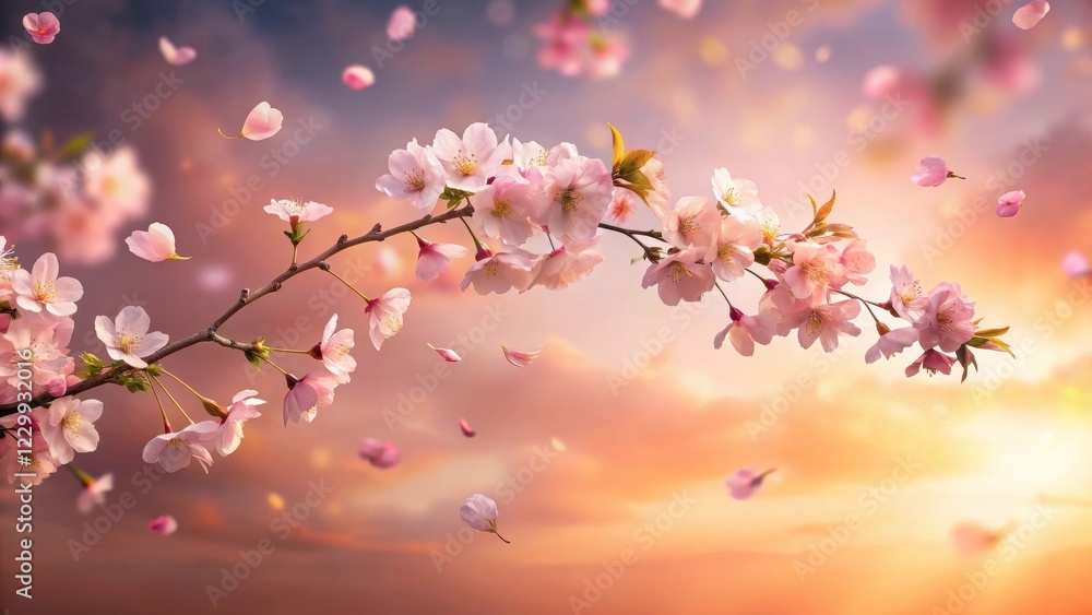 Obraz premium Soft pink sakura petals falling gently from a delicate cherry blossom branch suspended in mid-air against a warm cloudy background , landscape, nature
