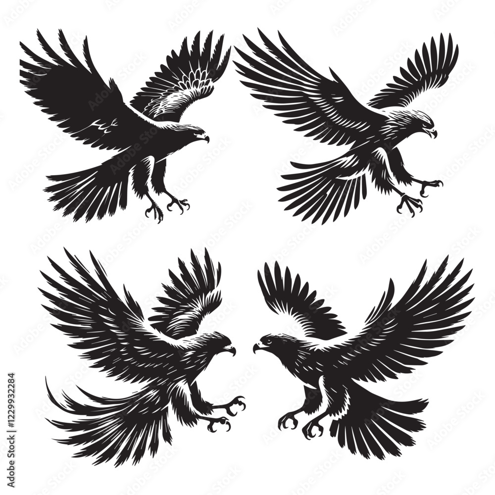 High-Quality Flying Hawk Vector Illustrations Black Silhouette Isolated on White Background High-Quality Flying Hawk Vector Illustrations Black Silhouette Isolated on White Background