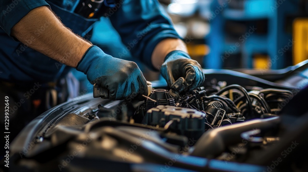 Mechanic Working on a Car Engine Mechanic Working on a Car Engine