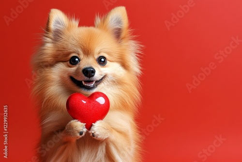 Finnish spitz - my beloved dog. Commercial creative art. Cute finnish spitz dog with fluffy red heart - emblem of love, funny greeting card. Dog valentine gift ideas. Heart and dog. Red hear. photo