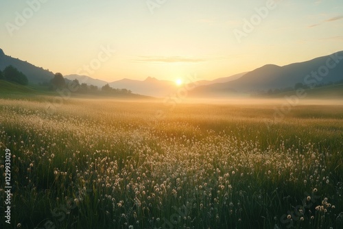 Golden sunrise over a foggy countryside field with rolling hills photo