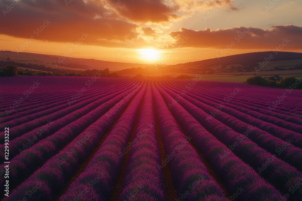 Obraz premium Scenic view of a vibrant lavender field at sunset
