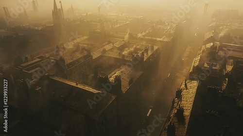 Golden Hour Cityscape: An Aerial View of a Misty, Victorian-Era City photo