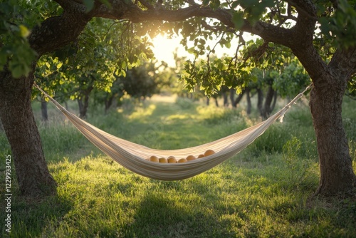 Hammock hanging between trees in a sunny forest clearing photo