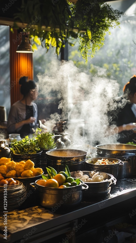 A busy Thai food cart with steaming pots and fresh ingredients on display. picture A busy Thai food cart with steaming pots and fresh ingredients on display. picture