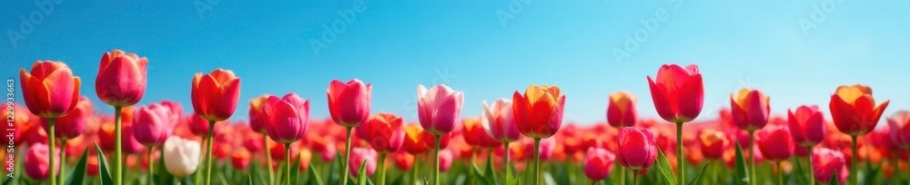 Tulip field in full bloom against a bright blue sky, nature, flowers blooming, tulips Tulip field in full bloom against a bright blue sky, nature, flowers blooming, tulips